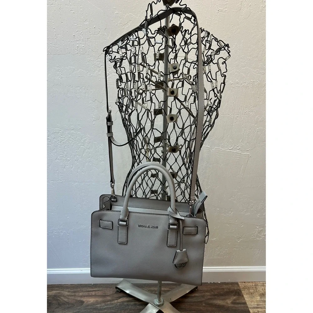 Michael Kors Dillon Grey Saffiano Leather Satchel Crossbody Handbag Silver HW